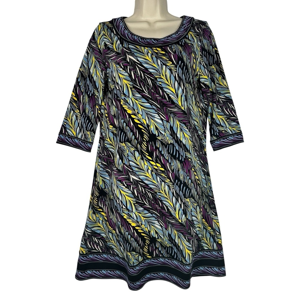 BCBGMAXAZRIA Feather Print Shift Dress S Black Multicolor 3/4 Sleeve Stretch